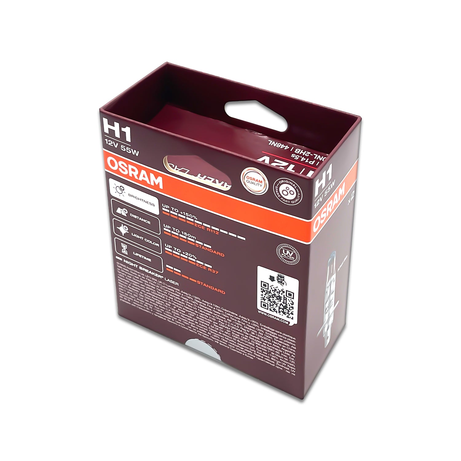Osram Night Breaker Silver Ampoules Halogène H1 12V/55W - Set De 2 Pièces, +100% Luminosité, Faisceau 130m