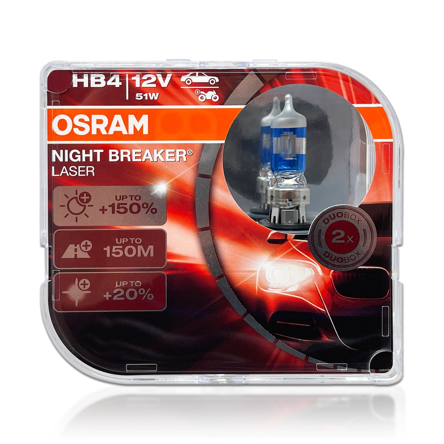 Osram Night Breaker Laser 12v H4 Car 150% Brighter Upgrade Headlight Bulbs  Set + 